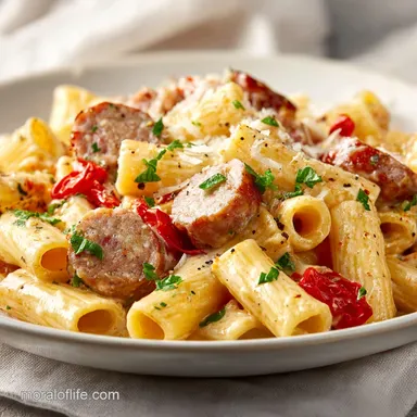 Sausage Rigatoni with Tomato Cream Sauce in 30 Minutes Recipe Card