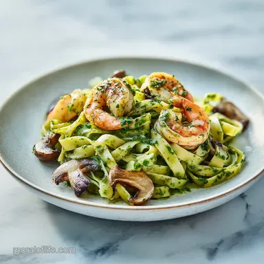 Pesto Shrimp Mushroom Pasta in 25 Minutes Recipe Card