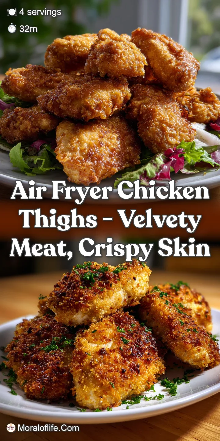 Close-up of a chicken thigh with shatter-crisp skin, revealing juicy meat. The golden-brown skin offers a satisfyingly cru...