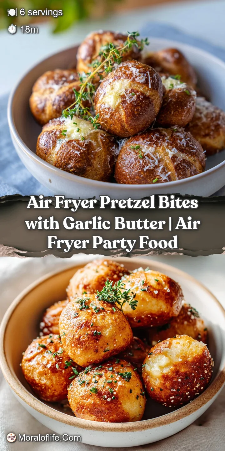 Close-up of a single, chewy pretzel bite, coated in melted garlic butter and flecked with green herbs.