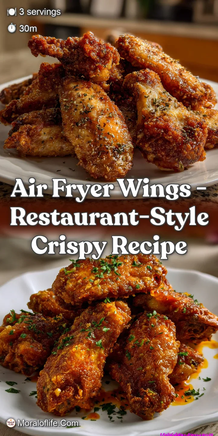 Close-up of a single air fryer wing. The skin is a deep, inviting brown with a glistening sheen, revealing the juicy inter...