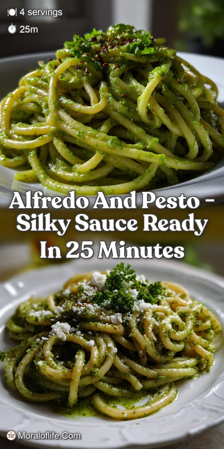 A close-up of glossy Alfredo sauce, punctuated by vibrant pesto swirls and flecks of garlic, promising rich, savory flavors.