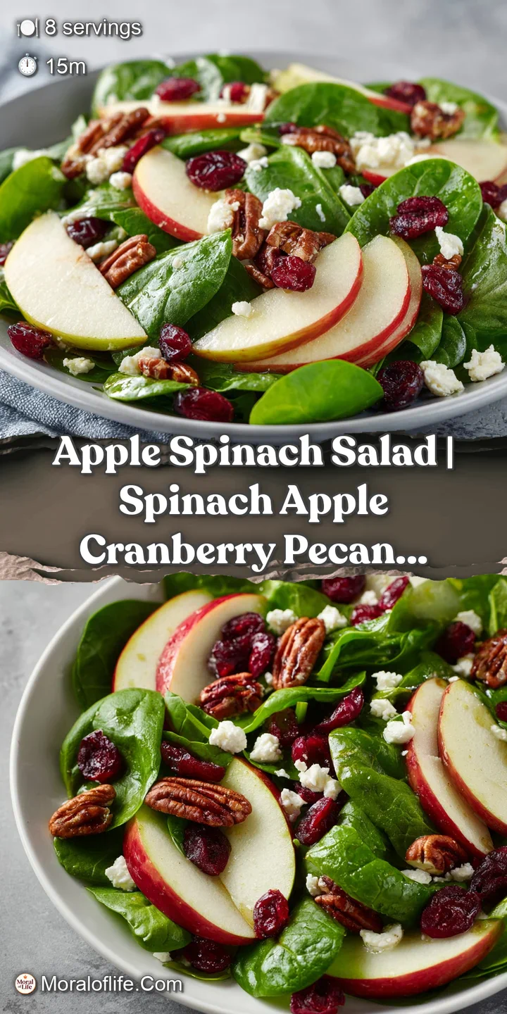 Close-up of glistening spinach leaves and crisp apple wedges sprinkled with toasted walnuts and a light glaze.