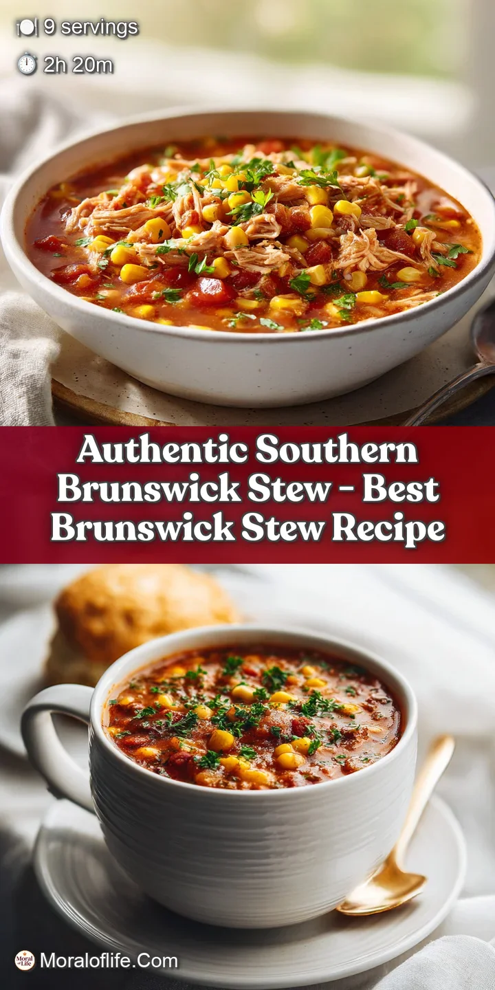 Close-up of a spoonful of savory Brunswick stew, showcasing tender pulled chicken and colorful vegetables.