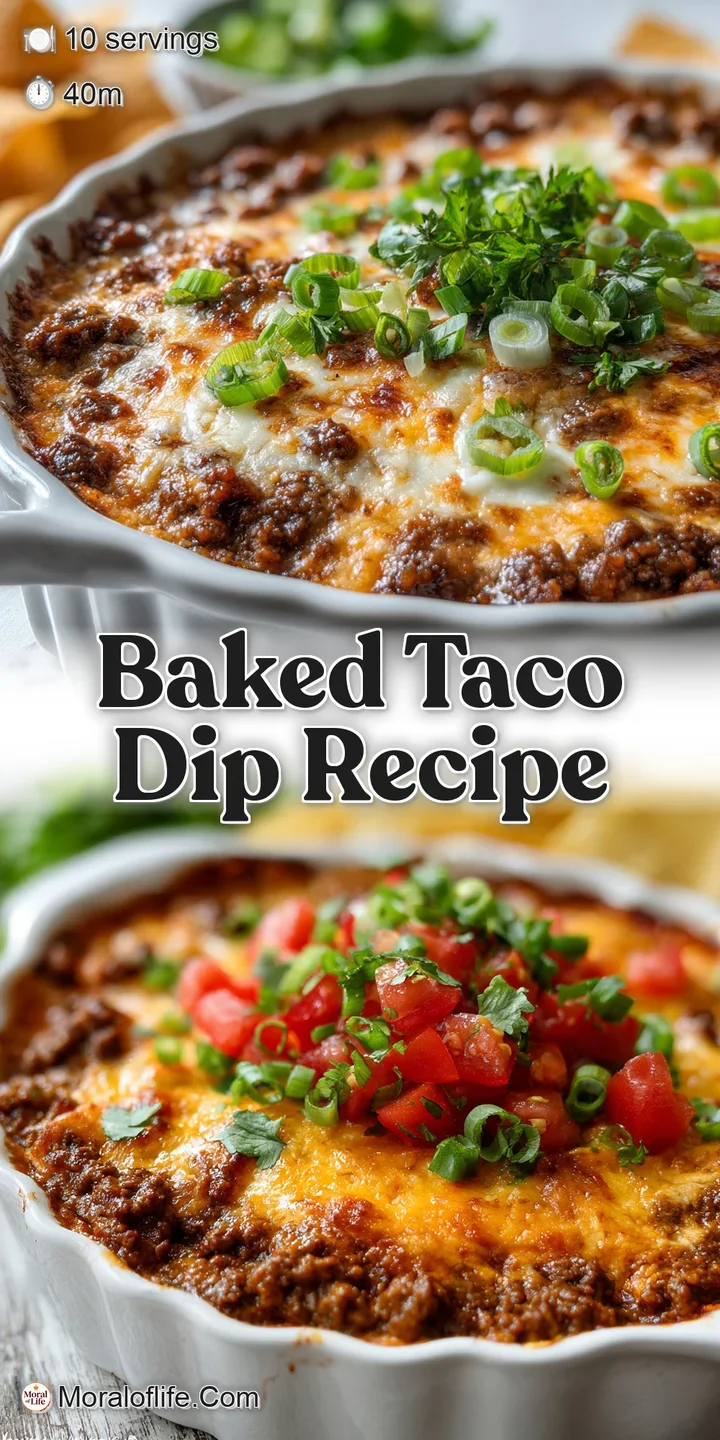 Close-up of cheesy taco dip with seasoned ground beef and dollops of sour cream; the image captures its rich and inviting ...