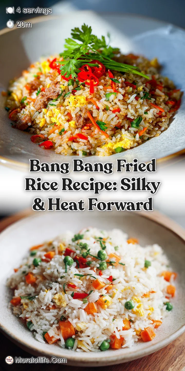 Close-up shows glistening fried rice, bits of tender chicken, and crunchy red peppers, all coated in a rich, savory sauce.