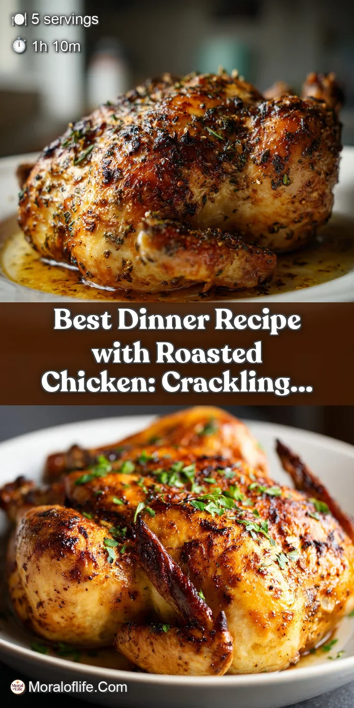 Close-up captures juicy, golden-brown chicken skin and vibrant roasted vegetables with their caramelized edges. Herbs add ...