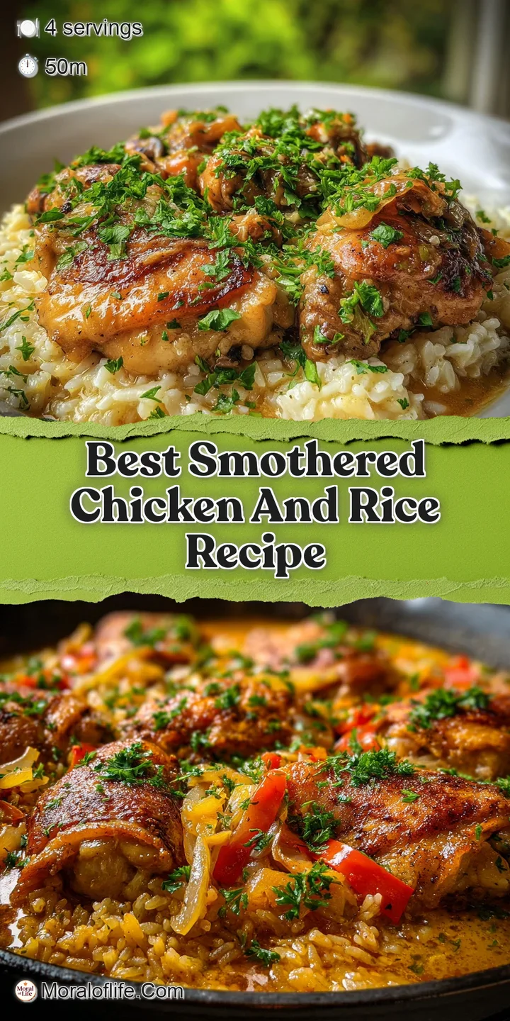 Close-up reveals tender, juicy chicken bathed in a luscious, creamy sauce over rice. Glistening surface and fresh herbs.