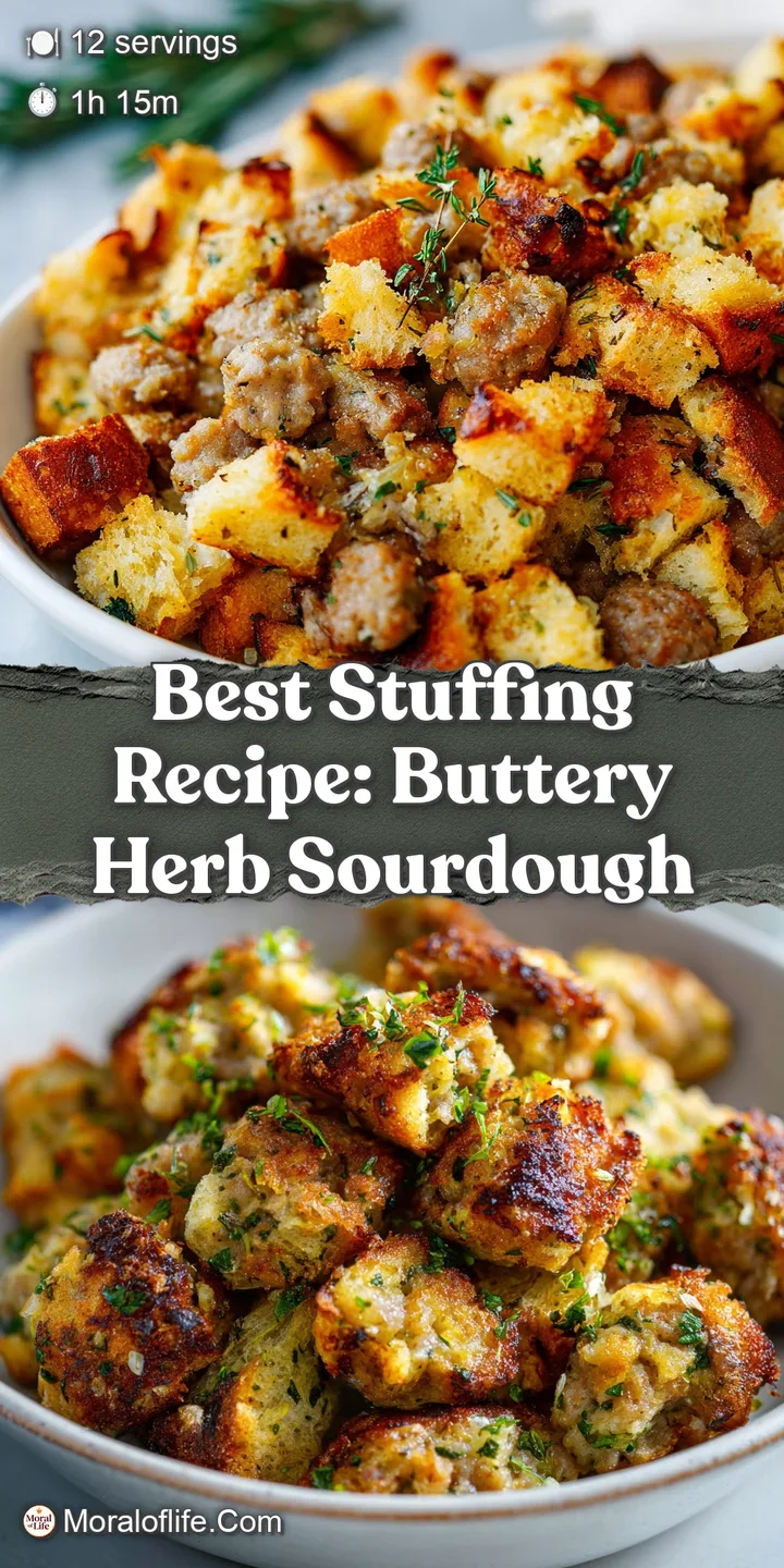 Close-up of warm, savory sourdough stuffing with glistening surface, showing visible herbs and golden-brown crust; invitin...