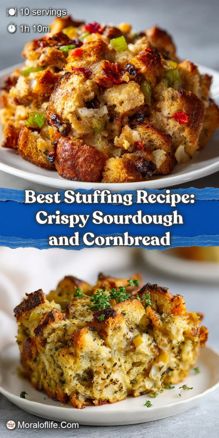 Close-up of moist cornbread stuffing, revealing toasted edges and visible corn kernels. Herbs provide vibrant green color ...