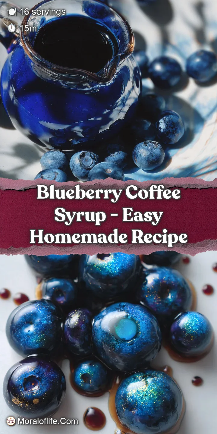 Close-up of thick, glistening blueberry syrup. Sunlight highlights the juicy blueberries, capturing their rich color.