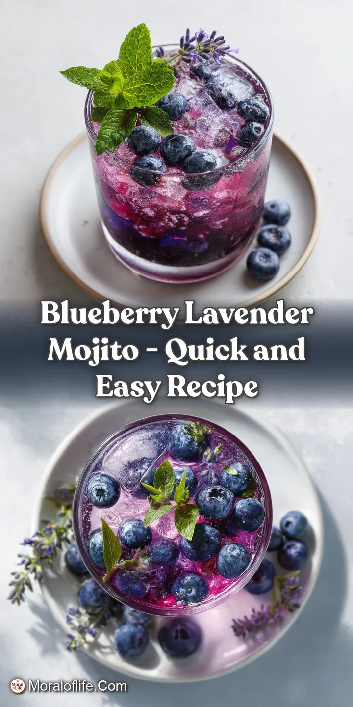 Close-up of a blueberry lavender mojito showcasing the drink's vibrant color, fresh fruit, and sparkling bubbles.