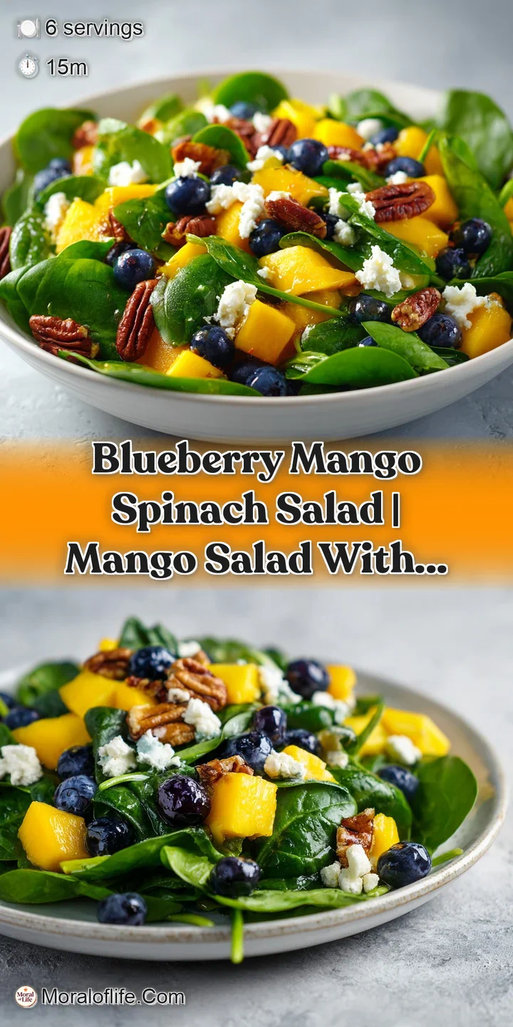 Macro shot of juicy golden mango chunks and bursty blueberries paired with creamy white feta and crisp spinach.