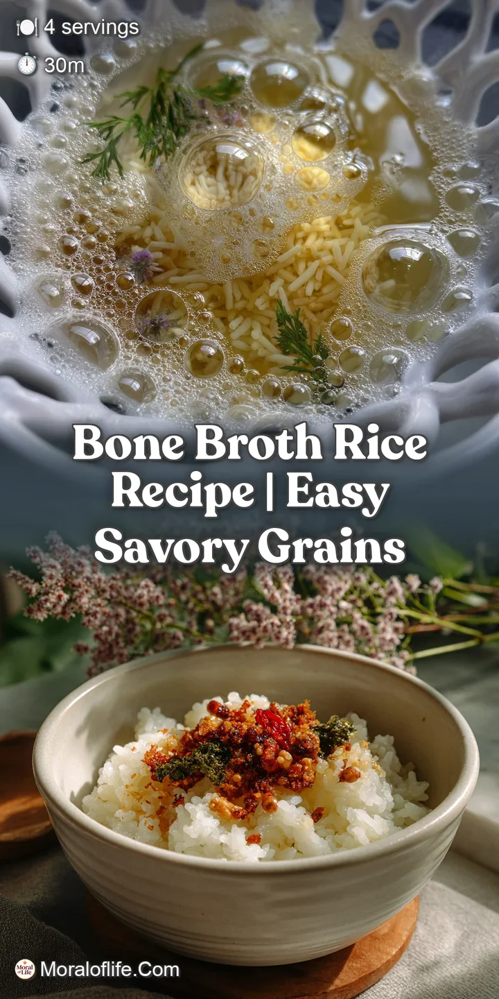 Close-up of plump rice grains infused with rich bone broth, showcasing a subtly glossy texture and fragrant herbs throughout.