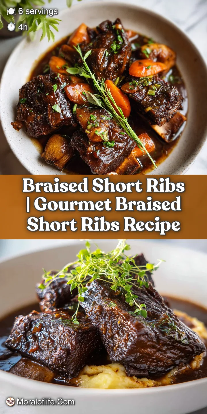 Close-up of succulent, fork-tender short rib with a glossy, dark braising liquid pooling around it.