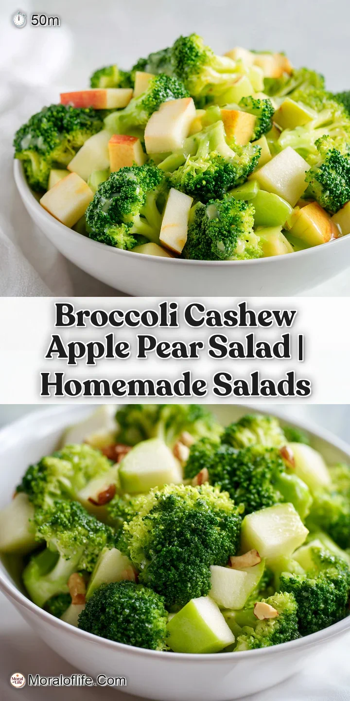 Close-up of creamy green broccoli florets tossed with crunchy toasted cashews and sweet, chewy dried cranberries.