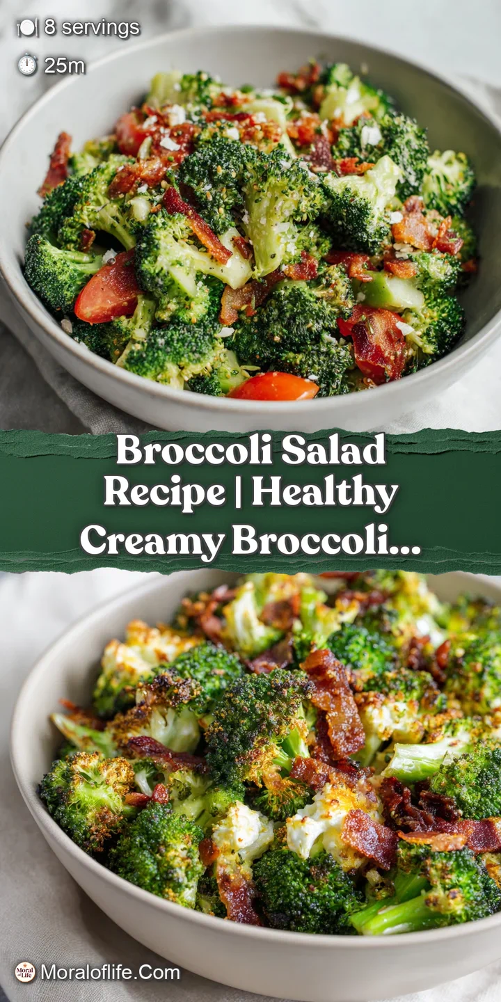 Close-up of bright green broccoli florets glistening in a creamy dressing, with crumbled crispy bacon.