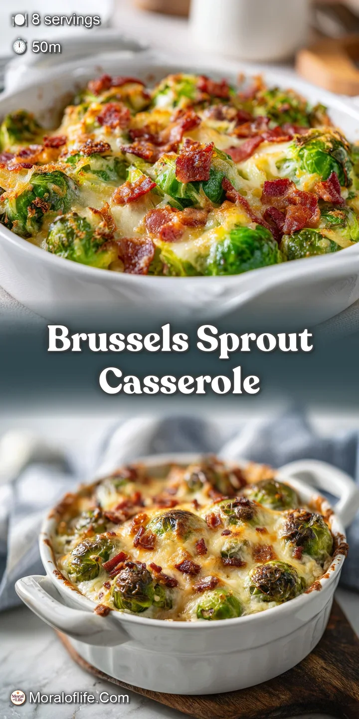 Close-up view of Brussels sprout casserole revealing tender sprouts and a perfectly browned, crispy topping. Steaming, inv...