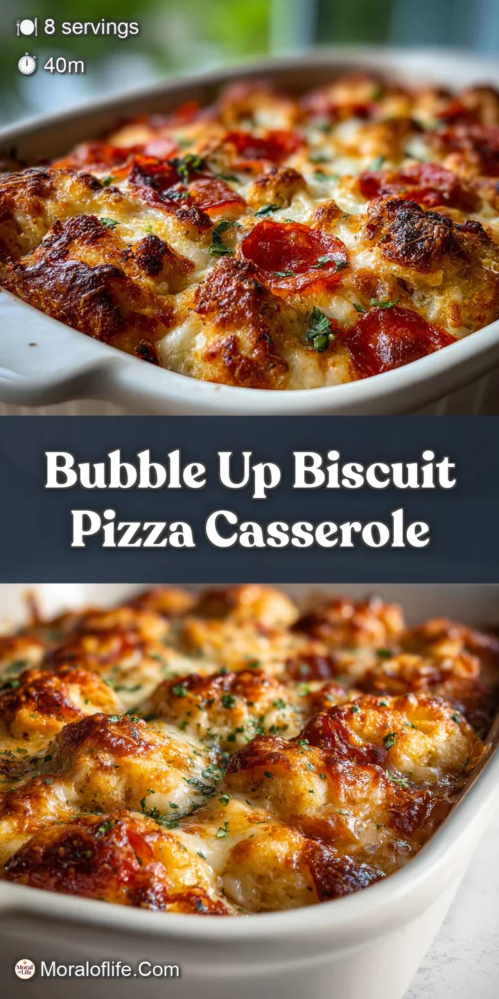 Close-up of a hot, cheesy biscuit casserole. Bubbly, browned biscuit pieces covered in melted mozzarella and herbs.