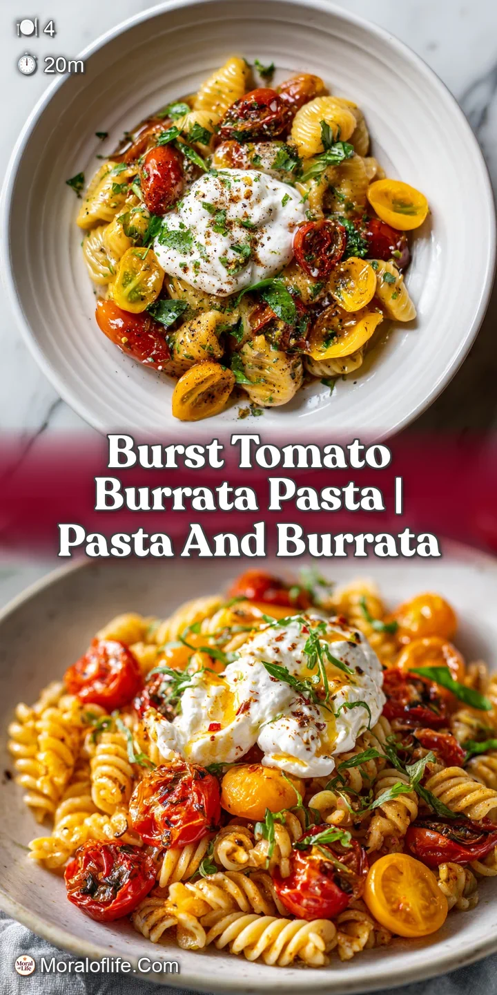 Close-up shows glistening burst tomatoes, creamy burrata shreds, and fresh basil leaves coating perfectly cooked pasta.