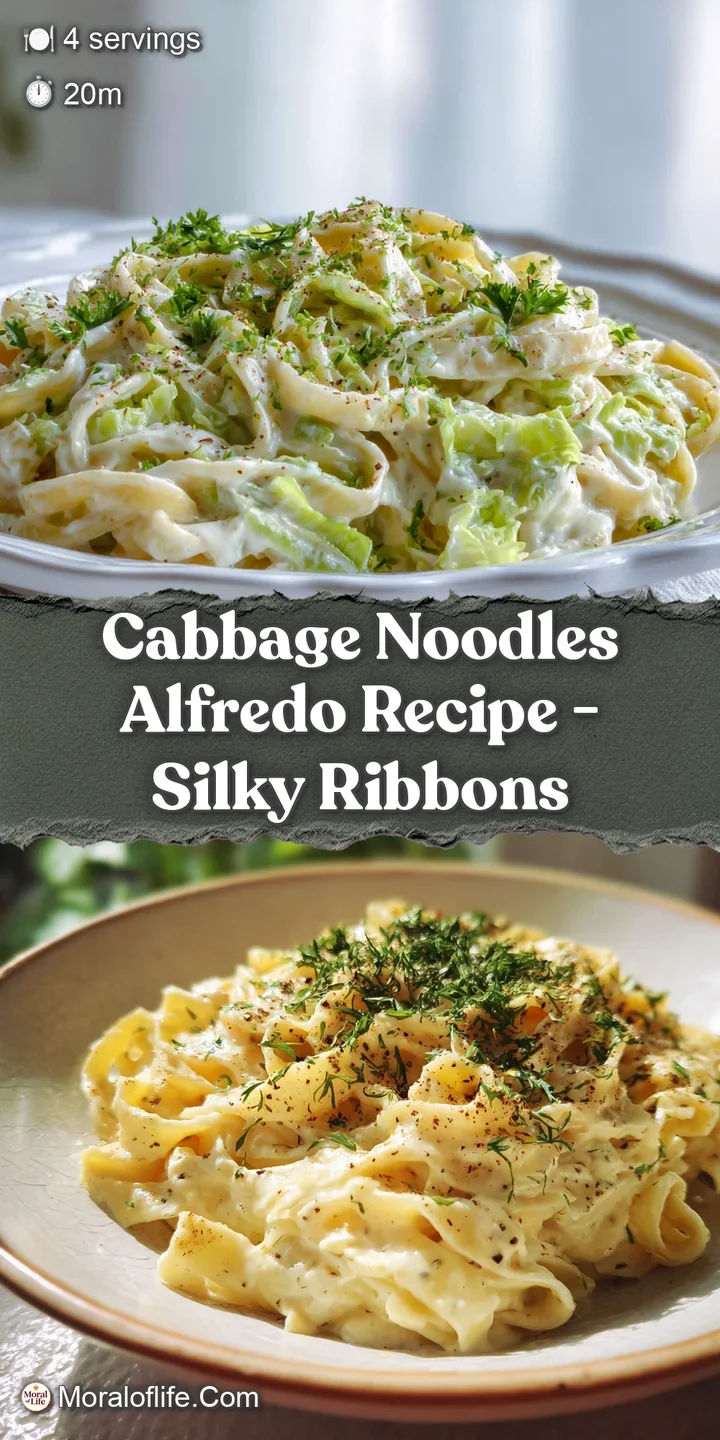 Close-up of glistening cabbage noodles in a rich, creamy sauce, flecked with pepper, looking decadent and delicious.