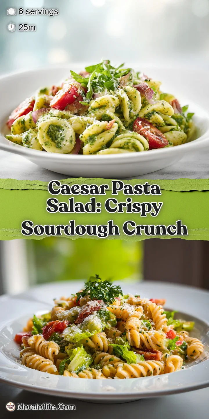 Close-up shot of Caesar pasta salad, showing creamy dressing clinging to pasta and croutons, topped with freshly cracked b...