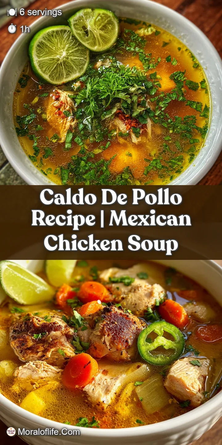Close-up of flavorful Caldo de Pollo, revealing tender chicken, soft vegetables, and aromatic cilantro floating in a rich,...