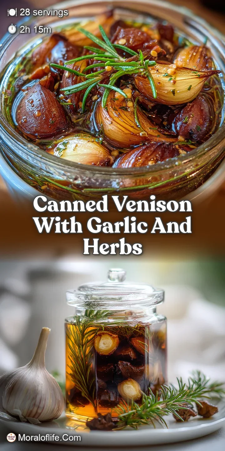 Close-up of glistening venison in dark gravy, highlighting the rustic texture and vibrant green herbs. Mouthwatering.