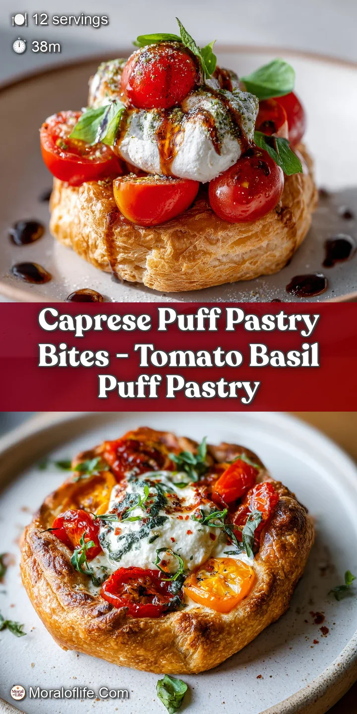 Close-up of a Caprese puff pastry bite, revealing the creamy mozzarella, ripe tomato, and fresh basil glistening with bals...