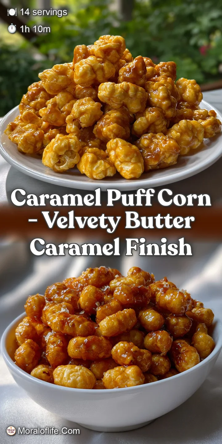 Close-up shot of individual caramel puff corn kernels glistening with a rich amber hue, exhibiting a light and crispy text...