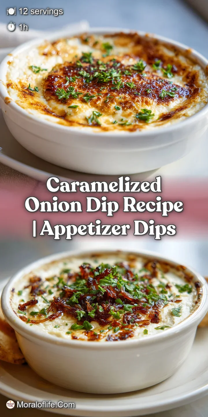 Close-up shot of rich, golden-brown caramelized onion dip, showing creamy texture and flecks of caramelized onion. Appetiz...