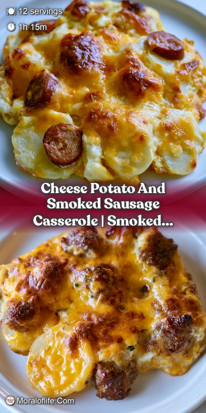 Close-up of crisp, toasted potato edges and juicy browned sausage slices smothered in a rich, creamy cheese sauce.