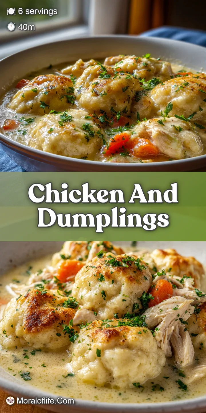 Close-up of tender chicken and fluffy dumplings in a rich, creamy sauce, speckled with herbs and colorful vegetables.