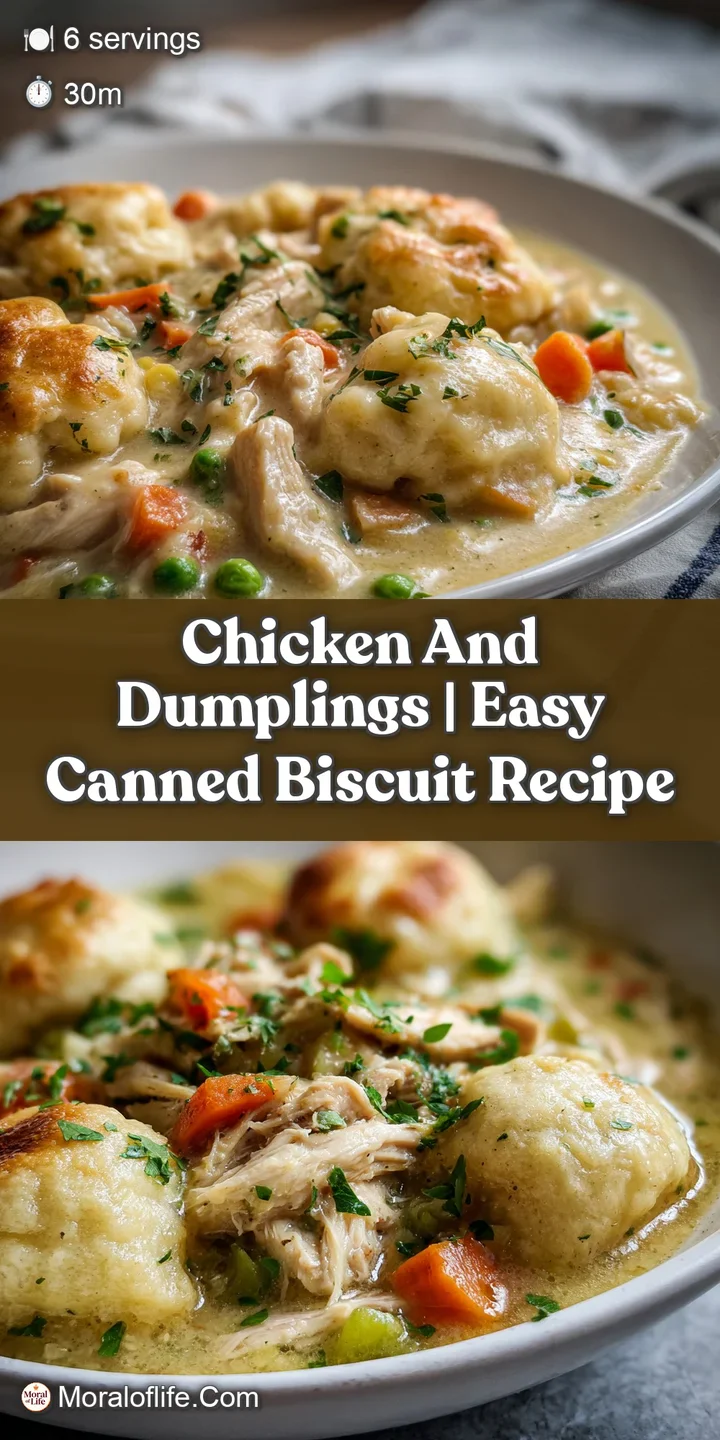 Close-up shows tender shredded chicken and plump, soft dumplings swimming in a rich, creamy broth. Steam rises, promising ...