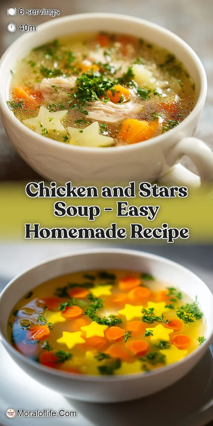 Close-up of chicken star soup, showcasing the glistening broth, soft pasta, and small pieces of chicken and vegetables.