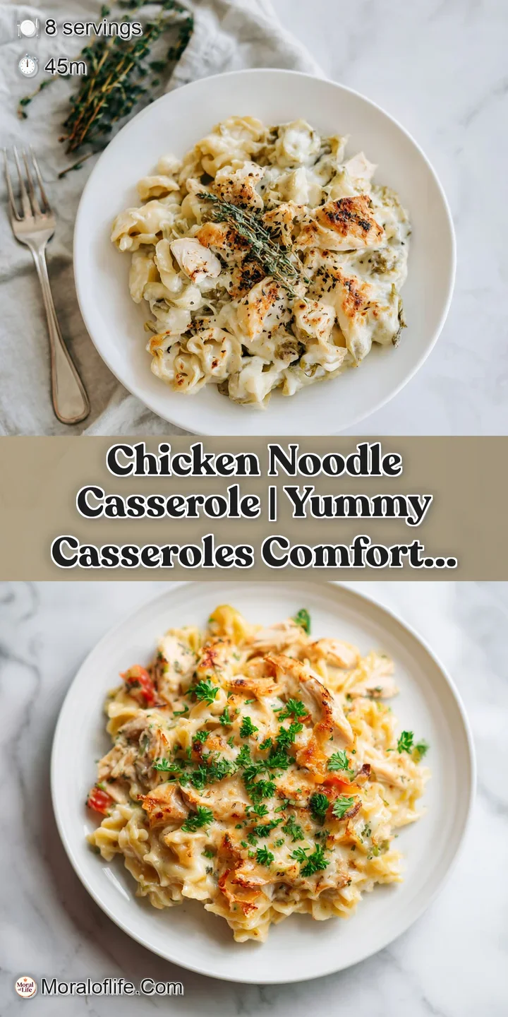 Close-up of bubbly, golden-brown chicken noodle casserole with visible shredded chicken and tender noodles.