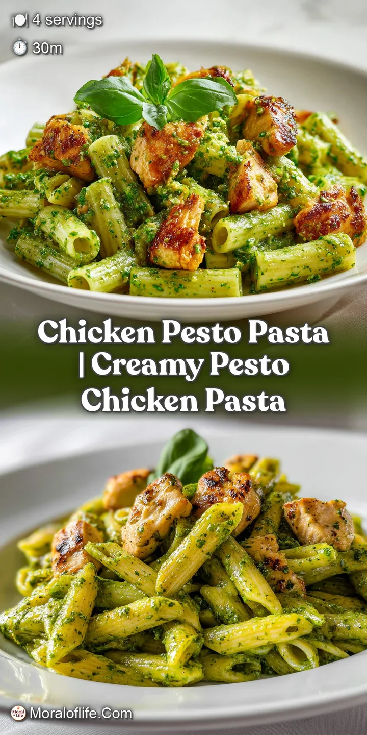 Close-up of glossy green pesto clinging to tender chicken and pasta with a dusting of aged white parmesan cheese.