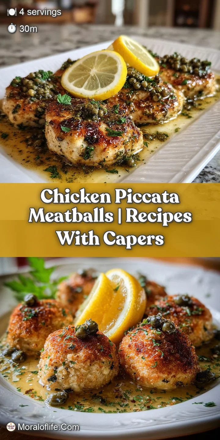 Close-up captures the juicy texture of chicken piccata meatballs, bathed in a rich, buttery sauce with bright green capers...