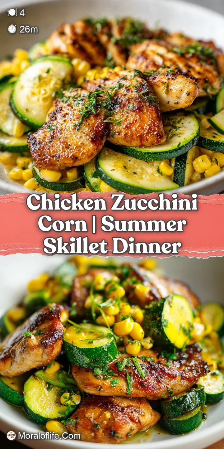 Macro shot of juicy, seared chicken and crisp zucchini glistening with a rich, buttery garlic glaze and corn.