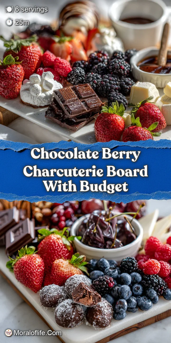 Close-up of glistening dark chocolate squares nestled among juicy red raspberries and plump blueberries, suggesting a swee...