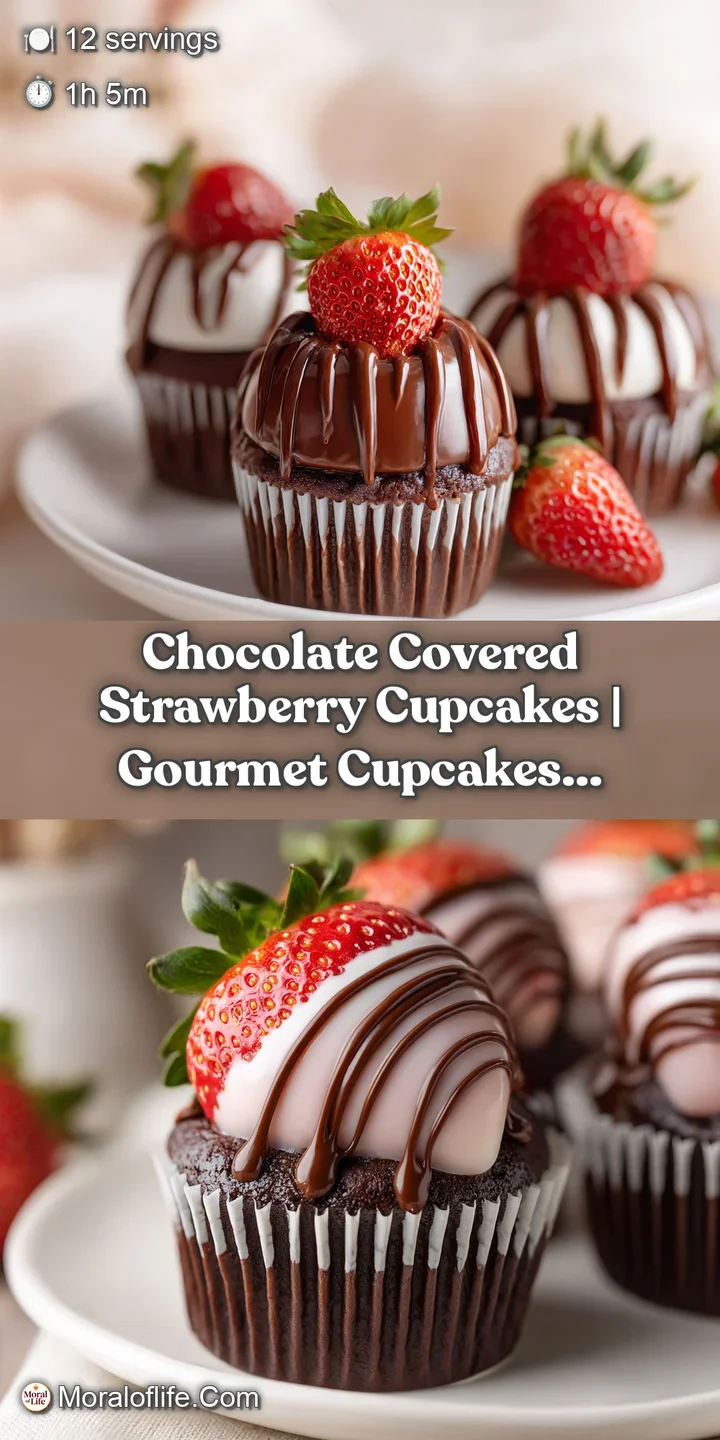 Close-up of a dark chocolate frosted cupcake, showcasing its smooth, glossy texture with a fresh strawberry.