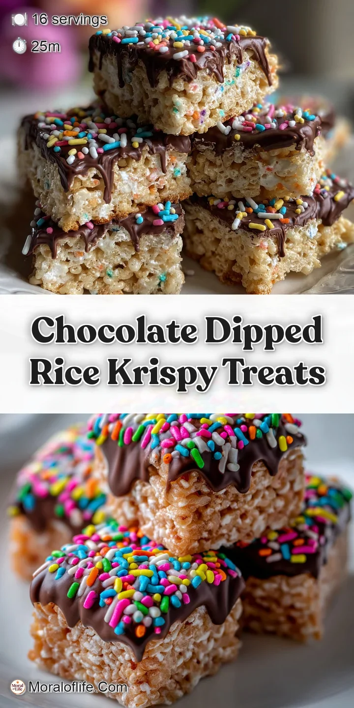 Close-up shows a partially-eaten Rice Krispie treat, revealing the marshmallow interior and a thick layer of dark chocolate.