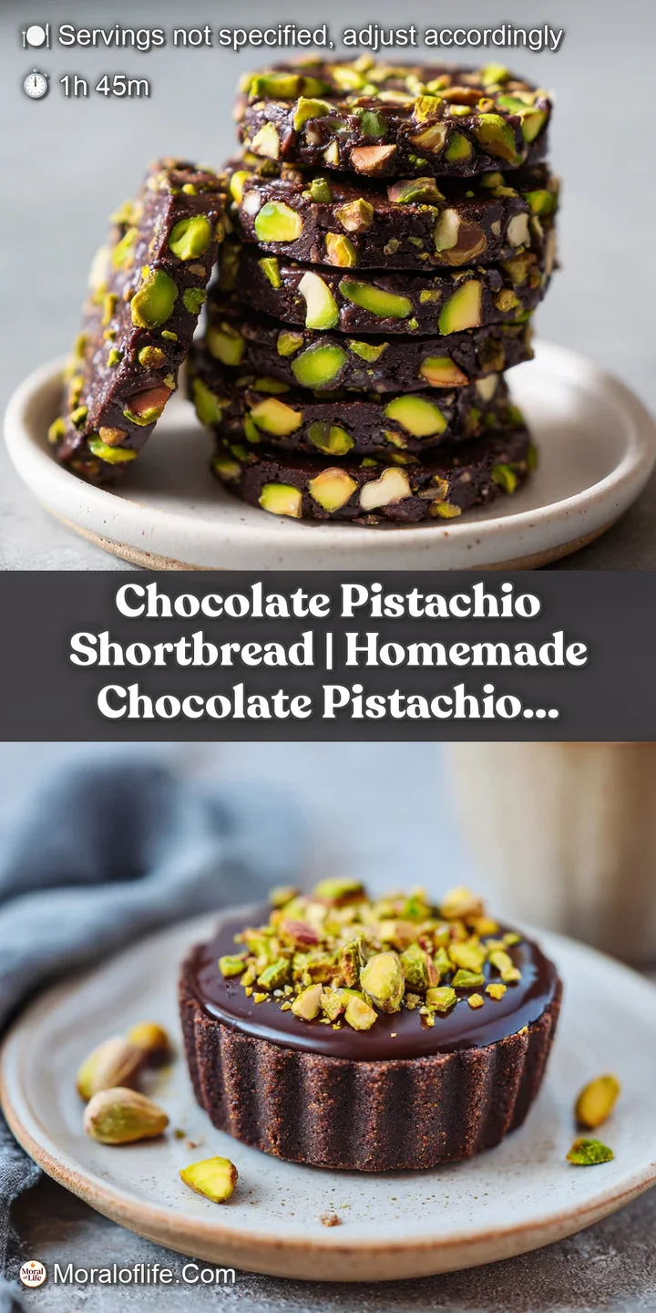 Close-up of a chocolate pistachio shortbread: buttery, crumbly texture with rich, melted chocolate and vibrant green pista...