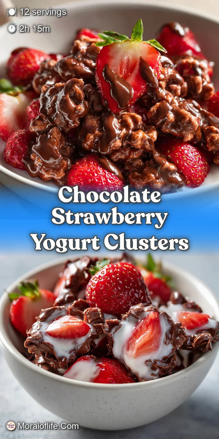 Close-up of a chocolate covered strawberry yogurt cluster, showing the creamy texture and bits of strawberry peeking through.