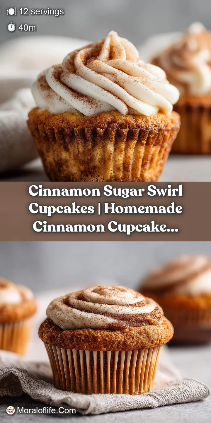 Close-up of a moist cupcake with visible cinnamon sugar swirls peaking through creamy white frosting.