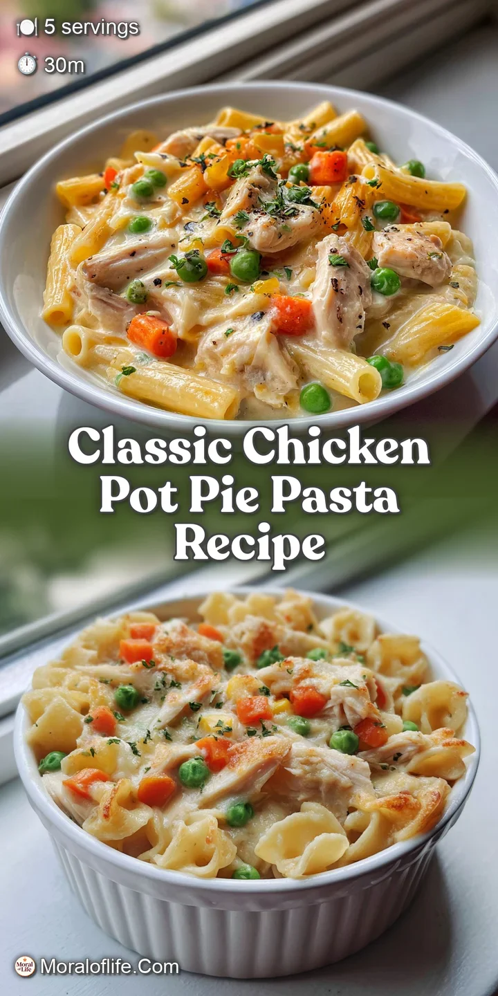 Close-up of creamy chicken pasta with flaky crust, steam rising slightly, creating a warm, comforting, and inviting texture.