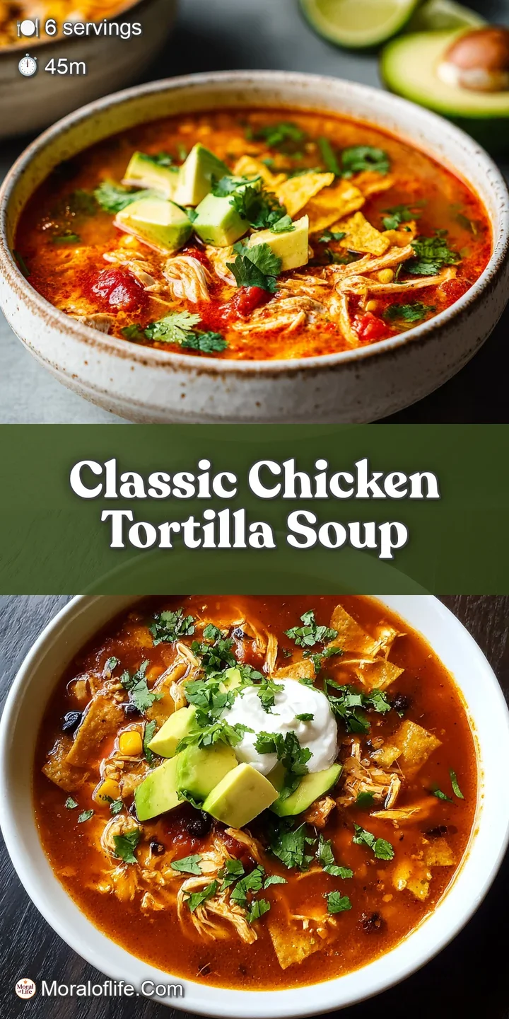 Close-up of flavorful chicken tortilla soup showcasing tender chicken, bright vegetables, and crunchy tortilla strip texture.