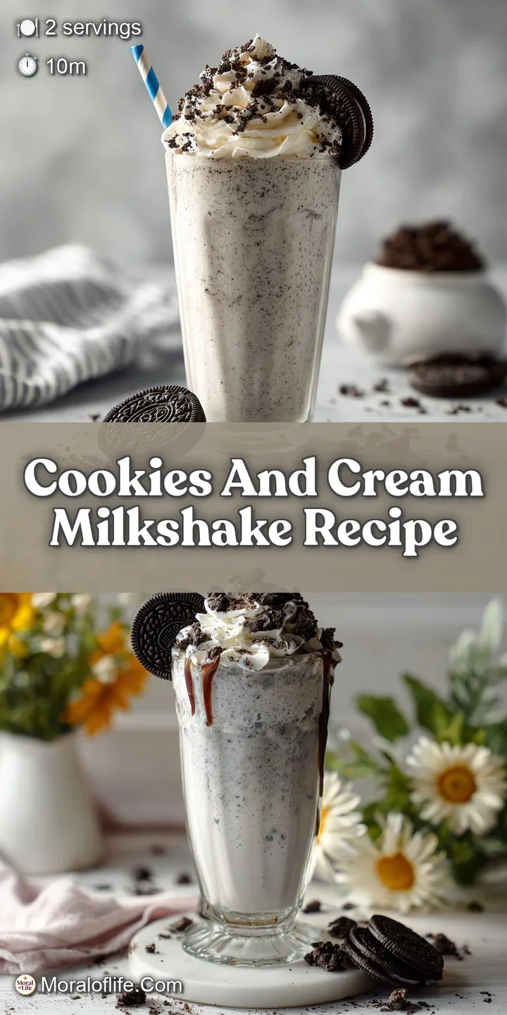 Close-up of a cookies and cream milkshake, showing the creamy texture and chunks of Oreo cookies. Cold condensation beads ...