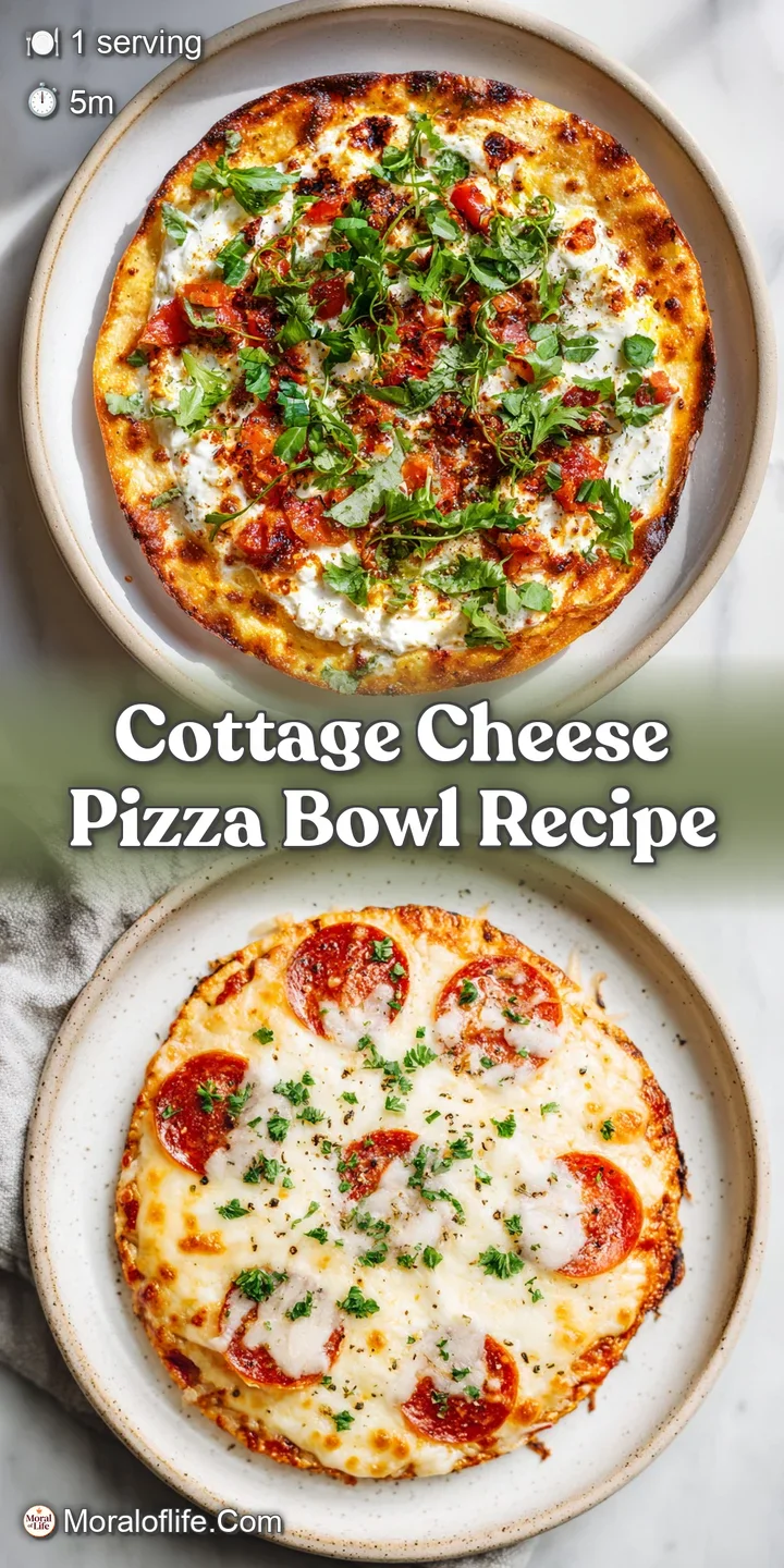 Close-up of a saucy pizza bowl, showcasing textured cottage cheese and glistening vegetables in a rich, red base. So invit...