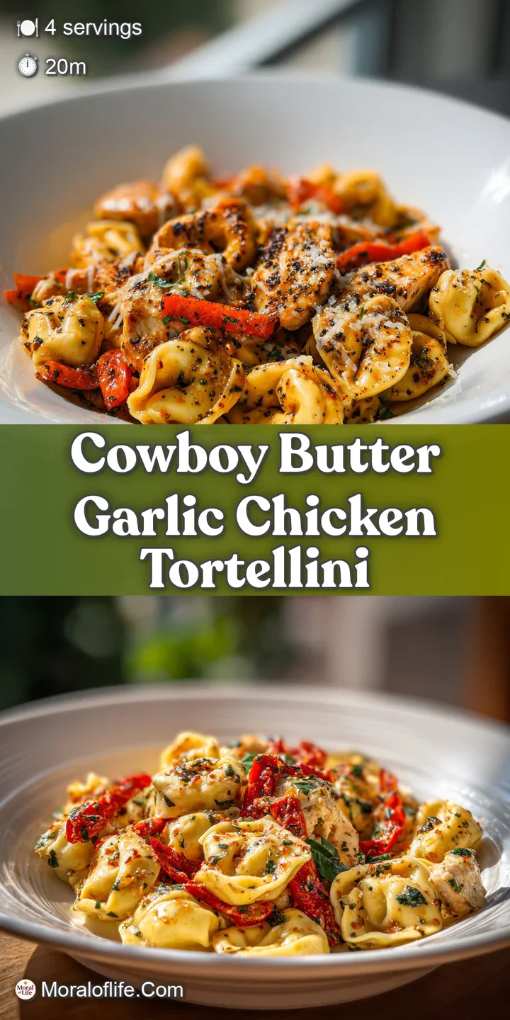 Close-up of creamy garlic tortellini with juicy chicken, bright herbs, and melted butter. You can almost smell the delicio...